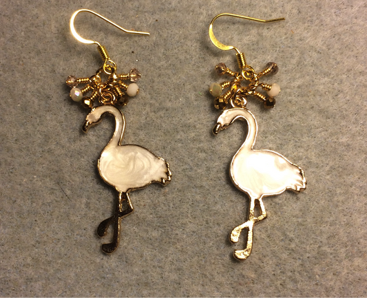 Off white enamel flamingo charm earrings adorned with tiny dangling white and gold Chinese crystal beads.