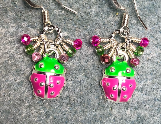 Tiny pink, green, and silver enamel ladybug charm earrings adorned with tiny dangling pink and green Chinese crystal beads.