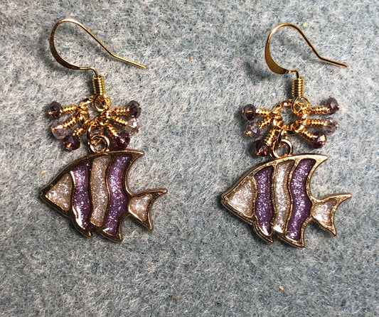 Purple and gold sparkly resin striped angelfish charm earrings adorned with small dangling purple and violet Chinese crystal beads.