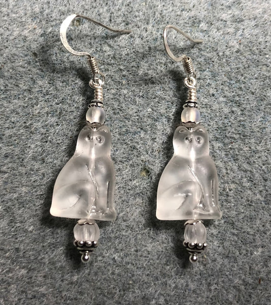 Matte white Czech glass cat bead earrings adorned with matte clear Czech glass beads.