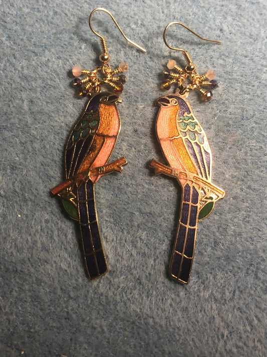 Long vintage amber, violet, and peach cloisonné songbird charm earrings adorned with tiny dangling amber, violet, and peach Chinese crystal beads.