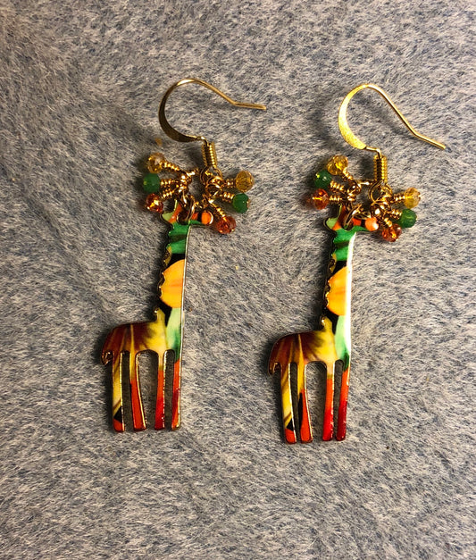 Orange, green, and amber enamel giraffe charm earrings adorned with tiny dangling orange, green, and amber Chinese crystal beads.