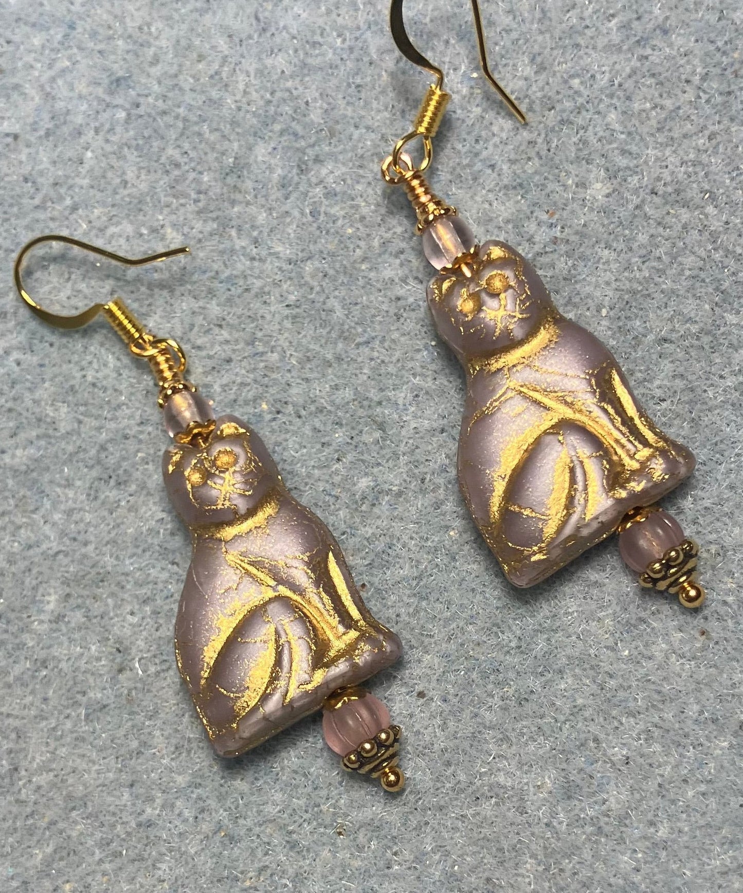Violet (with gold inlay) Czech glass cat bead earrings adorned with violet Czech glass beads.