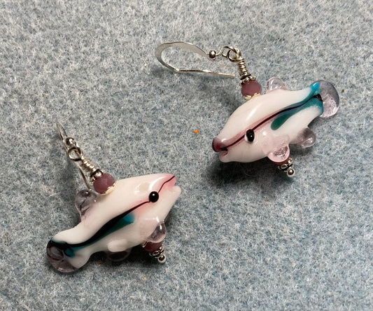 White and pink lamp work fish bead earrings adorned with pink Chinese crystal beads.