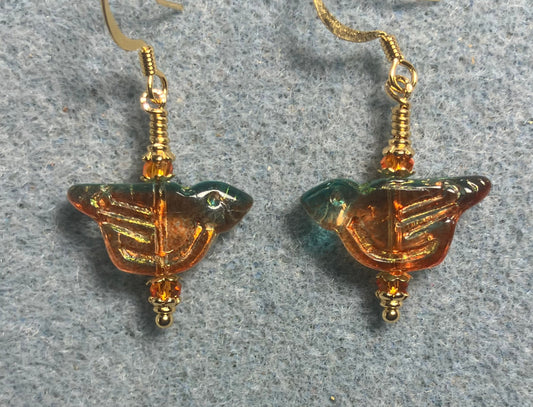 Translucent teal and tangerine (with gold wash) Czech glass bird bead earrings adorned with tangerine Chinese crystal beads.
