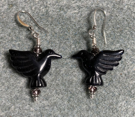 Blue goldstone gemstone flying eagle bead earrings adorned with purple Chinese crystal beads.