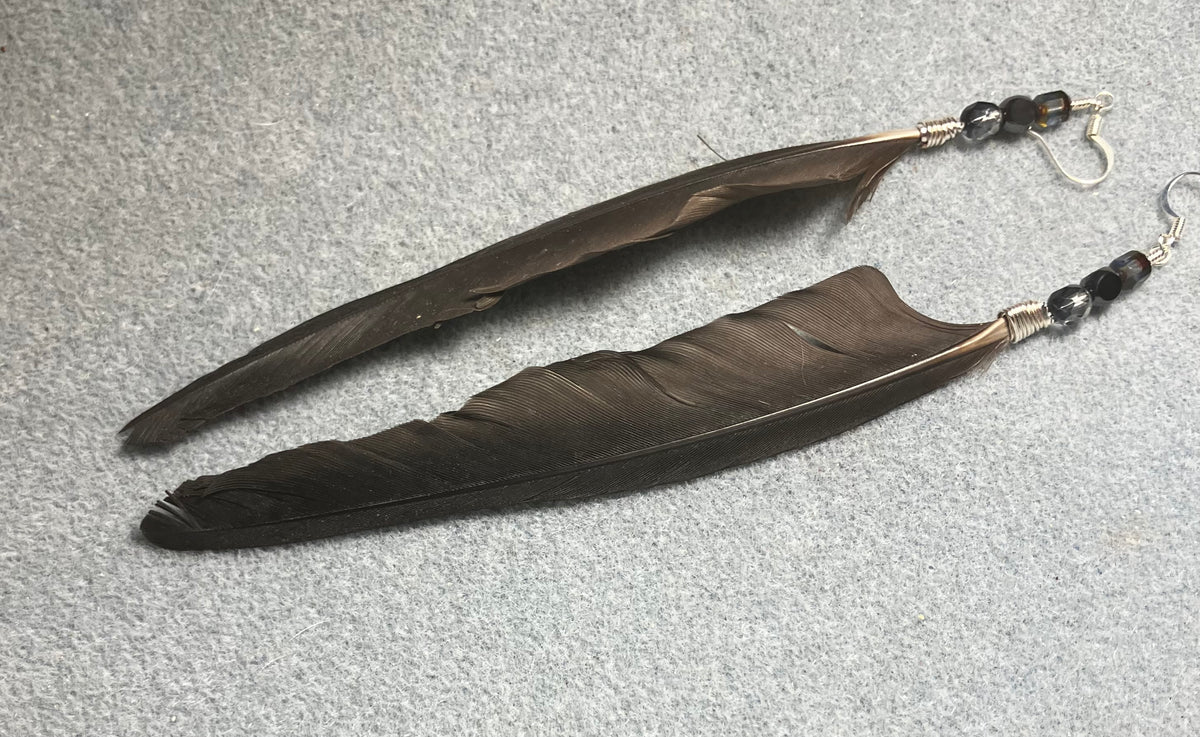 RESERVED FOR BETH: Three pairs of feather earrings: a long gray pair of African gray wing feather earrings, a dark red pair of African gray tail feather earrings, and a dark gray pair of small African gray body feather earrings