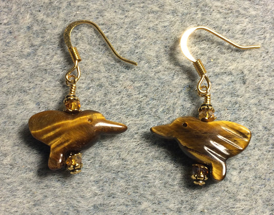 Small tigereye gemstone hummingbird bead earrings adorned with amber. Chinese crystal beads.