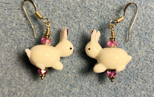 White and pink lamp work bunny rabbit bead earrings adorned with pink Chinese crystal beads.