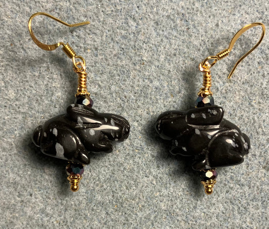 Snowflake obsidian gemstone rabbit bead earrings adorned with black Chinese crystal beads.