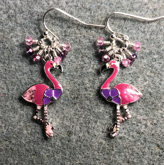 Hot pink, light pink, and violet enamel flamingo charm earrings adorned with tiny dangling pink, rose, and violet Chinese crystal beads.