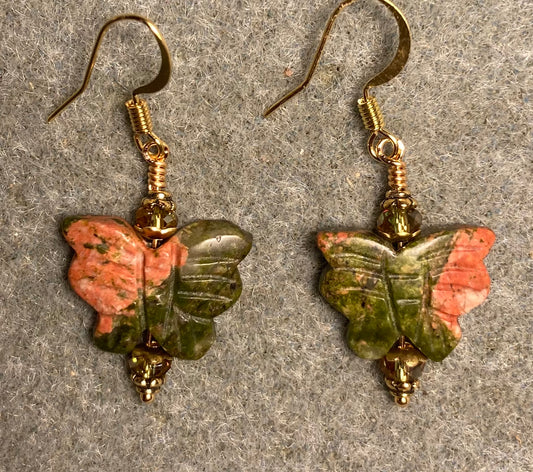 Green and orange unakite gemstone butterfly bead earrings adorned with sparkly green Chinese crystal beads.