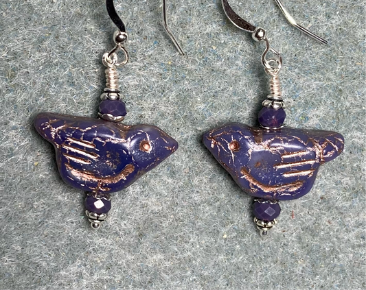 Opaque purple (with copper wash) Czech glass bird bead earrings adorned with purple Chinese crystal beads.