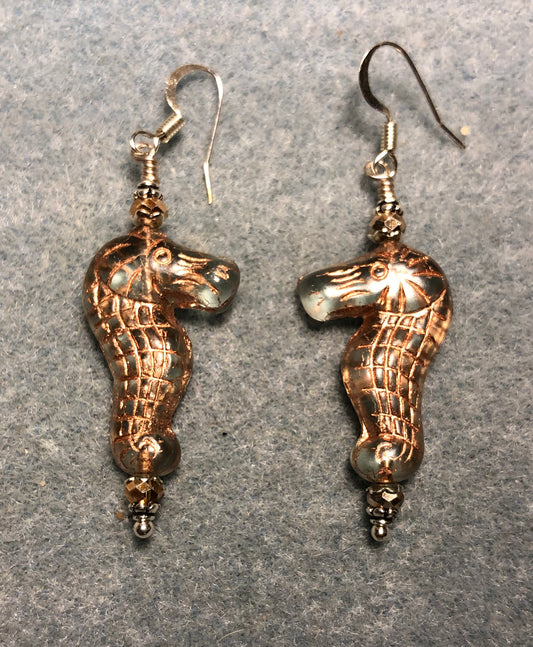 Clear (with copper inlay) Czech glass seahorse bead earrings adorned with copper Chinese crystal beads.