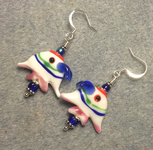Bright blue, pink, green, and white lamp work angelfish bead earrings adorned with bright blue Czech glass beads.