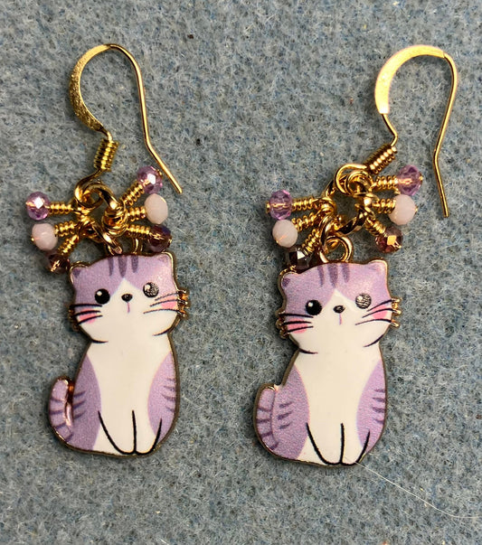 Violet and pink enamel cat charm earrings adorned with tiny dangling violet and pink Chinese crystal beads.