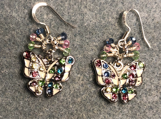 White enamel and colored rhinestone butterfly charm earrings adorned with tiny dangling green, pink, and blue Chinese crystal beads.