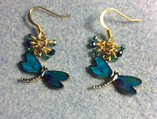 Teal and dark blue enamel dragonfly charm earrings adorned with tiny dangling teal and dark blue Chinese crystal beads.
