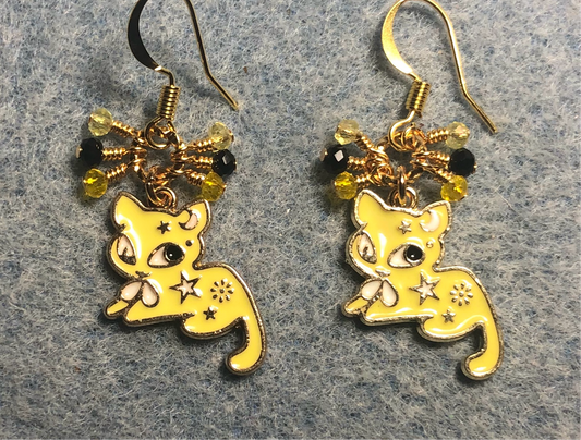 Yellow enamel cat charm earrings adorned with tiny dangling yellow and black Chinese crystal beads.