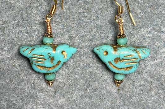 Opaque turquoise (with gold wash) Czech glass bird bead earrings adorned with turquoise Chinese crystal beads.