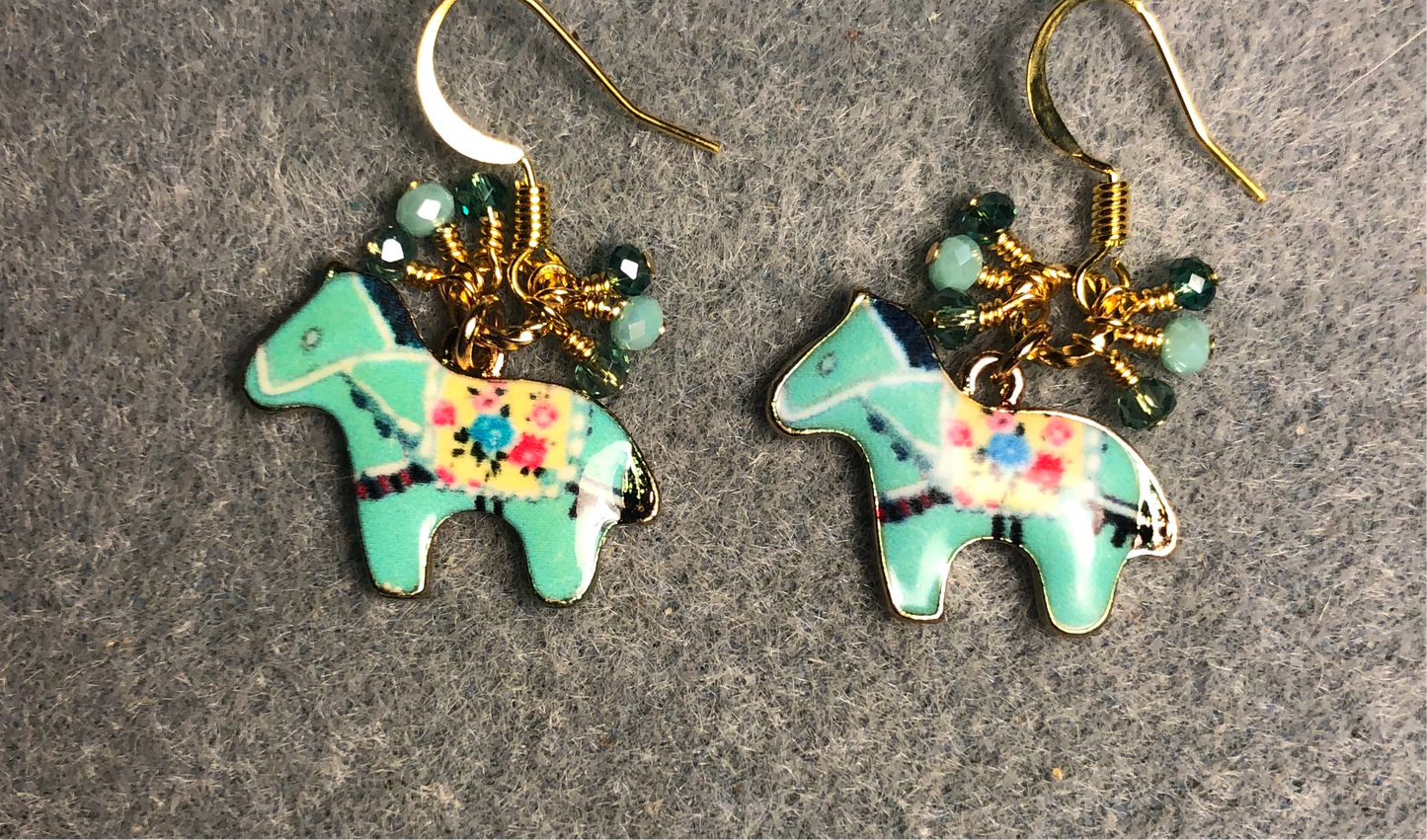 Turquoise and yellow enamel horse charm earrings adorned with tiny dangling turquoise Chinese crystal beads.