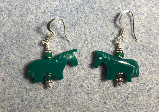 Dark green stone horse bead earrings adorned with dark green Chinese crystal beads.