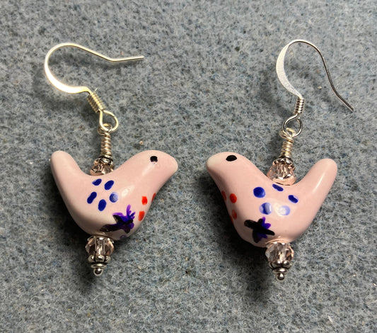 Small light pink, blue, and purple ceramic bird bead earrings adorned with light pink Chinese crystal beads.