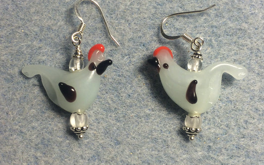 Milky white red crested lamp work songbird bead earrings adorned with clear Czech glass beads.