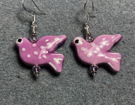 Large lavender ceramic flying dove bead earrings adorned with lavender Chinese crystal beads.