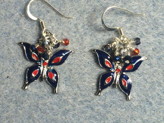 Dark blue and red enamel butterfly charm earrings adorned with tiny dangling dark blue and red Chinese crystal beads.