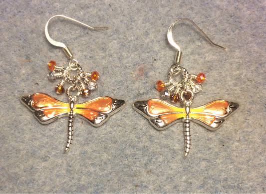 Orange and yellow enamel dragonfly charm earrings adorned with tiny dangling orange, amber, and silver Chinese crystal beads.