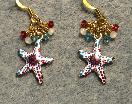 Dark red, white, and turquoise enamel starfish charm earrings adorned with tiny dangling dark red, white, and turquoise Chinese crystal beads.