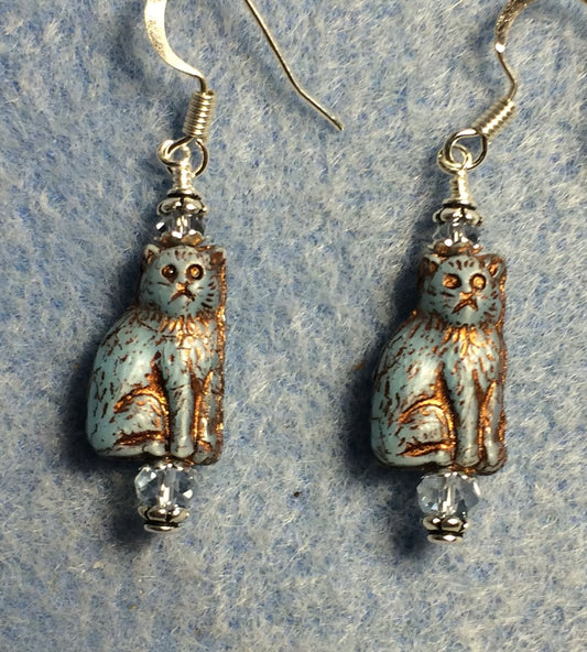 Small light blue (with copper inlay) Czech glass cat bead earrings adorned with light blue Chinese crystal beads.