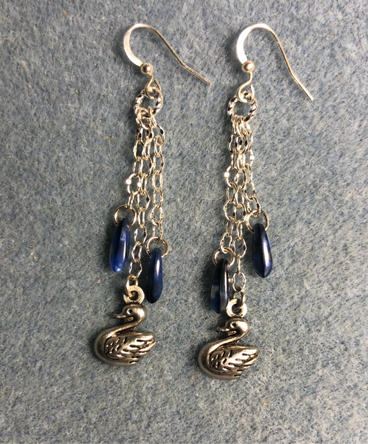 Small silver swan charm earrings attached to silver chain and adorned with small blue Czech glass dagger beads