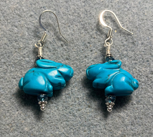Turquoise howlite gemstone rabbit bead earrings adorned with turquoise Chinese crystal beads.