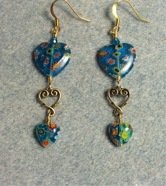 Large and small matching turquoise millefiori glass heart bead earrings joined by gold Tierracast heart connectors.