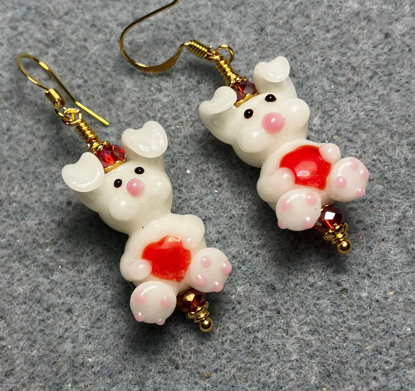 White with red hearts lamp work bunny rabbit bead earrings adorned with red Chinese crystal beads.