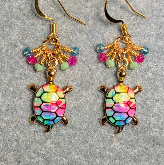 Turquoise, hot pink, and lime green enamel turtle charm earrings adorned with tiny dangling turquoise, hot pink, and lime green Chinese crystal beads.