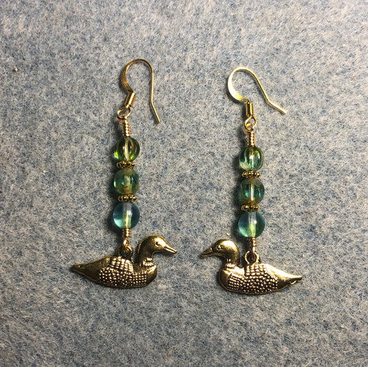 Gold mallard duck (loon) charm earrings adorned with light blue green Czech glass beads