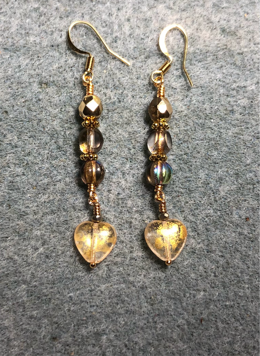 Small sparkly gold Czech glass heart bead earrings adorned with gold Czech glass beads.