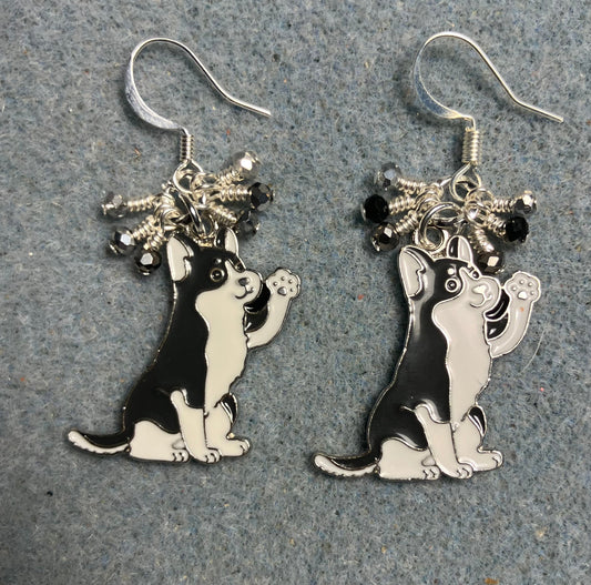 Gray and white enamel husky charm earrings adorned with tiny dangling black, gray, and silver Chinese crystal beads.