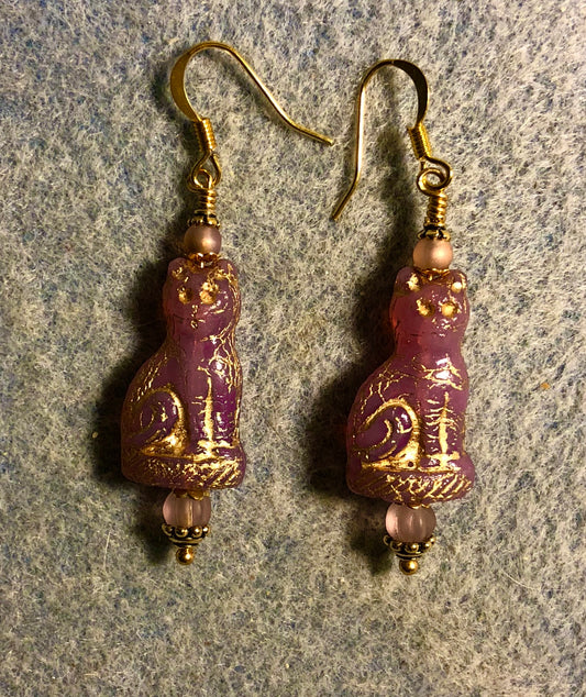 Pink (with gold inlay) fancy Czech glass cat bead earrings adorned with pinkish violet Czech glass beads.