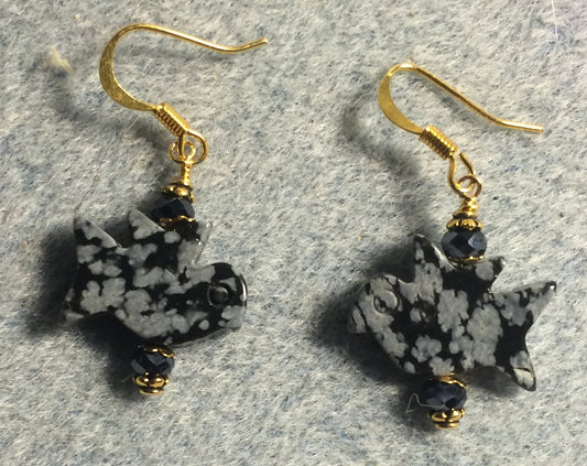 Black and gray jasper gemstone flying dove bead earrings adorned with black Chinese crystal beads.