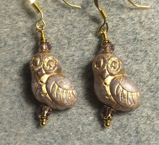 Lavender (with gold wash) fancy Czech glass owl bead earrings adorned with lavender Chinese crystal beads.