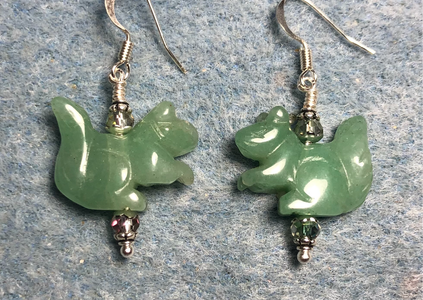Green aventurine gemstone squirrel bead earrings adorned with sparkly green Chinese crystal beads.