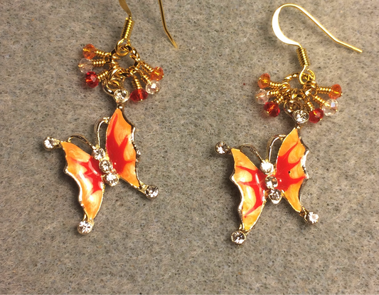 Orange, silver, and red enamel and rhinestone butterfly charm earrings adorned with tiny dangling orange, silver, and red Chinese crystal beads.