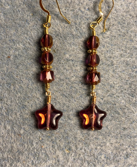 Small translucent purple Czech glass star bead earrings adorned with purple Czech glass beads.