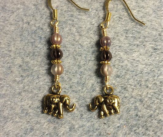 Small gold elephant charm earrings adorned with small tan and brown Czech glass melon beads.