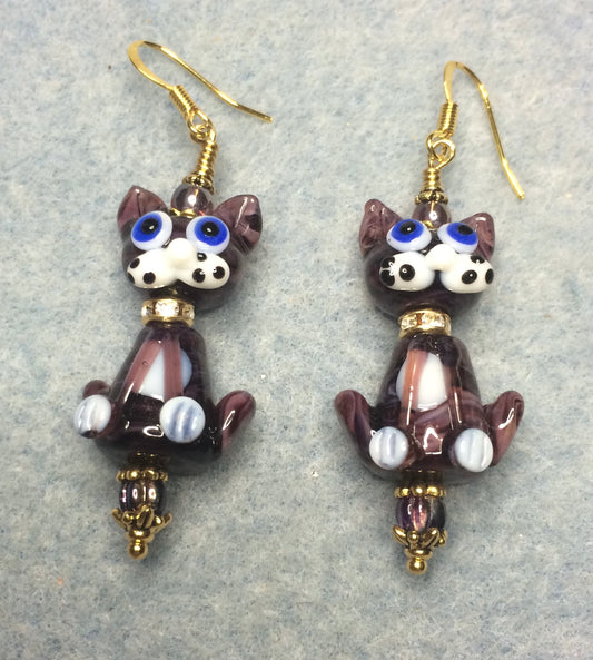 Purple and white lamp work two piece cat bead earrings adorned with clear rhinestone “collars” and purple Czech glass beads.