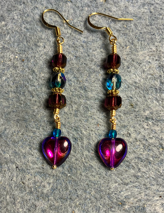 Small metallic blue purple Czech glass heart bead earrings adorned with blue and purple Czech glass beads.